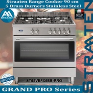 STRAATEN FREE STANDING RANGE COOKER 90 CM ST95VEFX5BB-PRO 5 BRASS BURNERS 8 SETTINGS ELECTRIC MULTI-FUNCTION OVEN STAINLESS STEEL COLOR GRAND SERIES