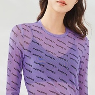 紫色防曬衣冰絲長袖t恤女夏字母印花網紗上衣薄款緊身內搭打底衫