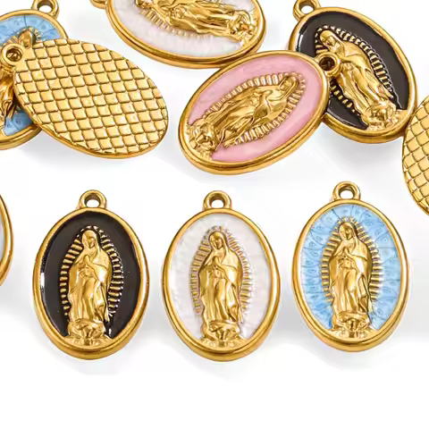 2 Piece 304 Stainless Steel Charms 18K Gold Plated Oval Virgin Mary Enamel Pendant For DIY Jewelry N