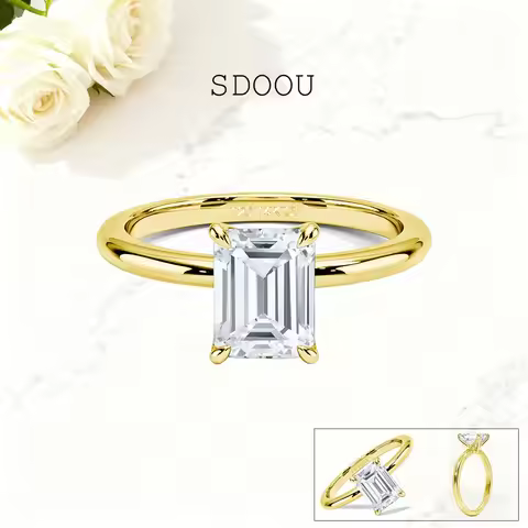 SDOOU Classic 14K Gold Filled Emerald Cut 3ct Solitaire Moissanite Ring 4 Prong Pass Diamond Test En