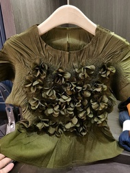 New summer design handmade flower short-sleeved T-shirt fashionable round neck slim-fitting elegant