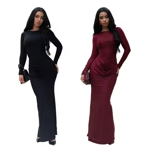 2026 Spring Summer Elegant African Women Long Sleeve O-neck Polyester Solid Color Party Evening Long
