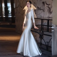 เรียบหรู แขนยาว ผ้าซาติน งานแต่งงาน เดรส น้ำหนักเบา เจ้าสาว ชุดราตรี Fish Tail Luxury High End Uniqu