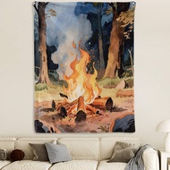 Bonfire Forest Oil Painting Tapestry Blanket For Home Or Cabin Dr Featuring Artistic And Flame Inspi