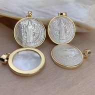 Catholicism Saint Benedict Pendants For Jewelry Making Round Mother of Pearl Shell Medal Necklace Charms