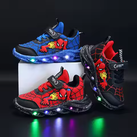 LED Casual Sneakers Red Black For Spring Boys Mesh Outdoor Spider-Man Shoes Children Lighted Non-sli