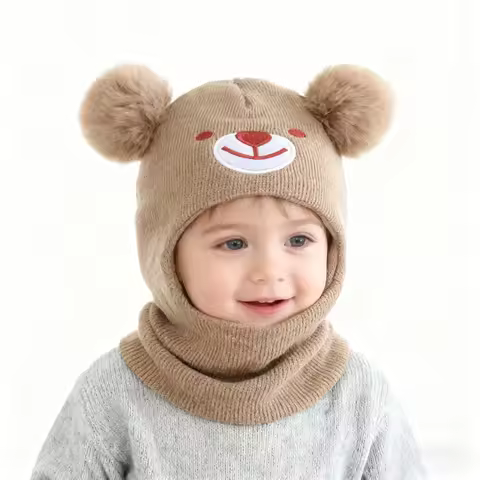 1 PCS 0-3Y Newborn Black Bear Embroidery Balaclava Ski Mask Toddler Beanie Double Balls Baby Girls B