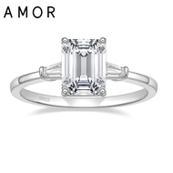 AMOR 3CT 925 Sterling Silver Engagement Rings 3-Stone Emerald Cut Cubic Zirconia CZ Wedding Promise 