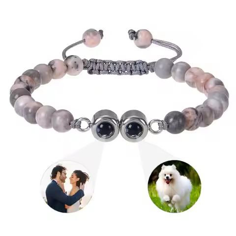 Custom 2 Picture Bracelet Personalized Photo Natural Stone Bracelet for Couples Women Men Parents An