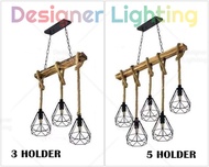 Designer Lighting [5 Holder/3 Holder] Ceiling Light with Rope Wood/Kayu Lamp Designer Vintage Light 