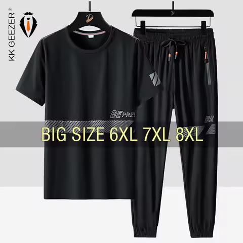 Men T Shirt Suit Pants 2 Piece Set Oversize 6XL 7XL 8XL Plus Size Short Sleeve Black T-shirts Summer