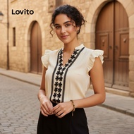 Lovito Women's Boho Jacquard Ruffle Neck Top, Spring/Summer Khaki L154ED333