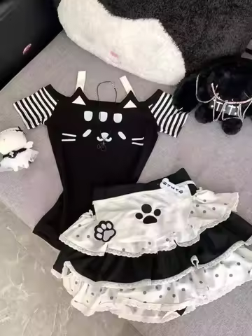 Harajuku Japanese Summer Cute 3 Piece Sets Y2k Women Design Striped Tops + Apron + Cake Skirt Vintag