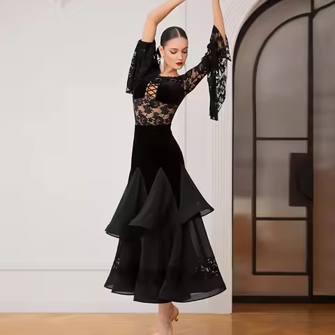 Standard Ballroom Stage Costume Elegant Party Dress Lace Elastic Pagoda Sleeves Waltz Moden Dance Dr