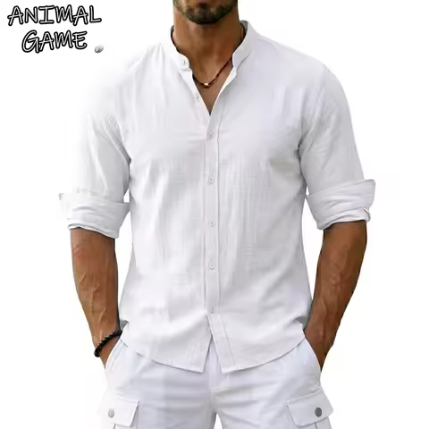 New Men's Cotton Linen Shirts for Men Casual Luxury Hawaiian Shirts Lightweight Long Sleeve Henley B
