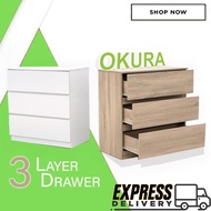 OKURA Bigger Size Chest Drawer with 3 Layer Drawer Storage Cabinet Living Room Furniture Rak Baju Pu