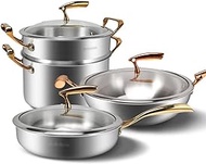 N/A Stainless Steel Cookware Set Wok Frying Pan Milk Pan Frying Pan Steamer Non Stick Kitchen Pot Set Kitchen Tool (Color : A, Size : As The Picture Shows) vision