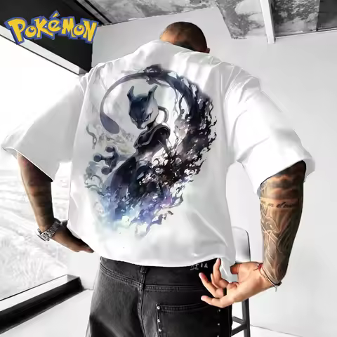 Pokémon Handheld Game Mewtwo Printed Cotton T-shirt Men's and Women's Summer New Hip-hop Trend Casua