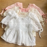Áo Kiểu Babydoll Nữ Tay Ngắn IKAO STATION Áo Kiểu Tay Phồng Kèm Hoa Hồng Cotton Linen Mềm Thoáng Mát