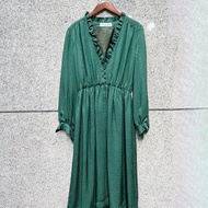 正綠色彩星碎點亮面滑布 花朵領雪紡紗洋裝連衣裙vintage dress