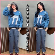 Pario Oneset Sweater V-Neck Denim 77 + Cargo Pants Jooly Denim | Korean Style TrendyWanita | Denim S