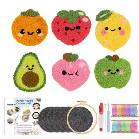 GATYZTORY 6Pcs Punch Needle Coasters Kit for Adults Funny Easy Art Punch Needle Embroidery Kit 6 Fru