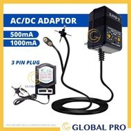 500mA/1000mA AC DC / AC to DC Converter Adapter Charger, 3 pin plug, 1.5V - 12V