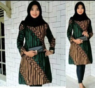 TUNIK BATIK MOTIF PARANG HIJAU CANTIK MEWAH KALEM ELEGAN DRESS BATIK LENGAN PANJANG BAJU WANITA SERA