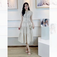Leoswearing milk cream linen skirt Set with batwing sleeves and 3-layer flared skirt A347
