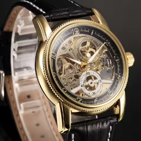ORKINA Automatic Men Watch Self-wind Mechanical Fashion Casual Skeleton Luxury Black Gold Dial Leath
