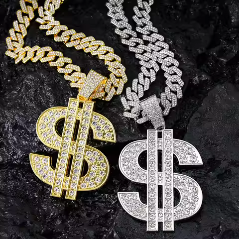 Fashion Hip Hop Dollar Pendant Necklace with 13/14mm Cuban Chain US Dollar Money Sign Iced Out Chain