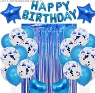 Paket Dekorasi Ulang Tahun Tirai & Balon Foil Tulisan Happy Birthday BIRU Simple Dan Elegant