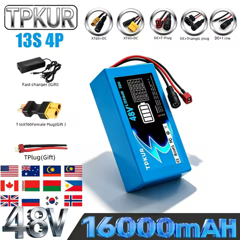 48V 18650 lithium-ion battery pack, 16000mAH, 13S 4P, suitable for 300-1000W motors, with built-in B