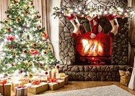 Dudaacvt 8x6ft Christmas Fireplace Theme Backdrop Christmas Tree Sock Gift Decorations for Xmas Party Supplies Background New Year Party Christmas Photography D645