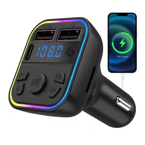 Car Bluetooth5.0FM Transmitter PD Type-C Dual USB 3.1A Cigarette Lighter Outlet Light Handsfree MP3 
