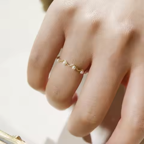14K Gold Filled Rings Handmade Women's Gold Pearl Ring Modern Winding Waves Gold Ring Jewellery for