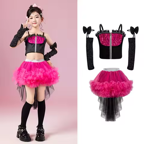 New Kids Jazz Dance Costume Girls Performance Clothing Navel Tops Puffy Skirt Sequin Outfits Catwalk