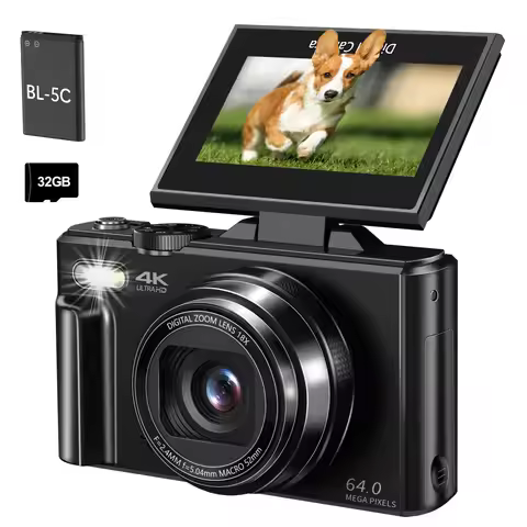 4K Digital Camera, 4K Vlogging Camera for YouTube whit 3" 180° Flip Screen 18X Digital Zoom Compact