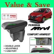 Perodua Myvi 2018 - 2026 Armrest Adjustable Arm Rest With Red Black Stitch Kotak Rehat Lengan #D2