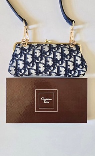 未使用保存品 Dior藍色老花口金包 中古包 單肩包 側背包 斜背包
