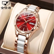 金仕盾鑲鑽陶瓷鋼帶防水女士手錶(陶瓷帶玫殼紅面女）#S057029141