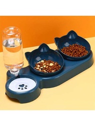 自動寵物碗,附帶給水器,3合1耳朵設計傾斜貓狗飲食碗組,帶有重力給水瓶,保護寵物頸部