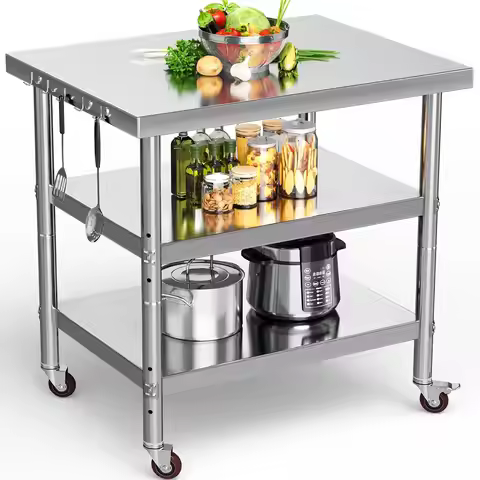NSF Stainless Steel Table 36x24 Worktable with Wheels, 3 Shelves Prep Station for Kitchen Restaurant