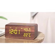 Wooden Digital Alarm Clock with Wireless Charging, 3 Alarms, Large LED Display with Date Temperature