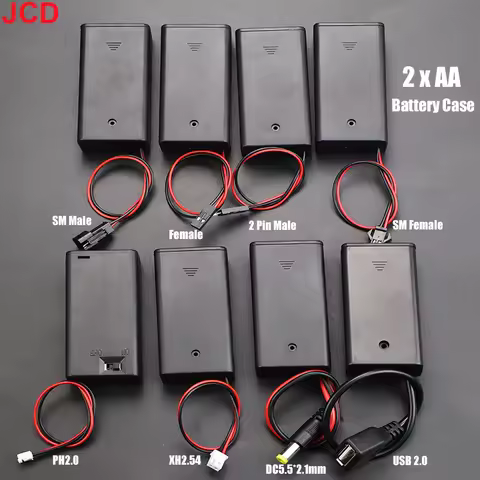 JCD AA Battery Box With PH2.0 XH2.54 SM USB DC 5.5x2.1mm Plug Terminal Leadwire AA 2X Slot Battery H