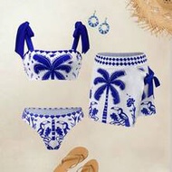 2026 Spring/Summer Vacation Beach Blue & White Porcelain Coconut Tree & Parrot Print Swimsuit Set,20