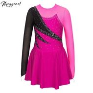 Kids Girls Figure Ice Skating Dress Round Neck Long Sleeve Rhinestone Ballet Dance Dress Gymnastics 