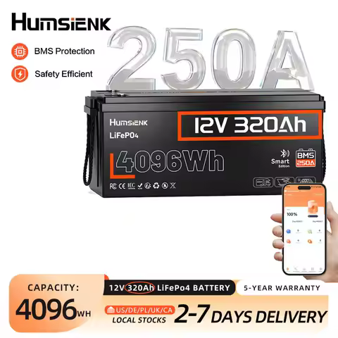 Humsienk 12V 320Ah LiFePO4 Battery 250A BMS With Bluetooth Rechargeable lithium Battery For RV/Golf 