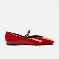 ZARA Women's Mary Jane Flats - Red Patent Leather Ballet-Inspired Flats