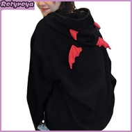 Girl Little Devil Horns Gothic Hooded Sweatshirt Long Sleeve Loose Fit Women Demon Fly Wings Hoodie 